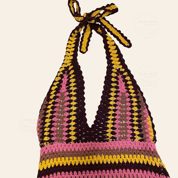 Zara Crochet Mini Dress | Pink Yellow Brown Striped, Resortwear, Swim Coverup S - Picture 3 of 5